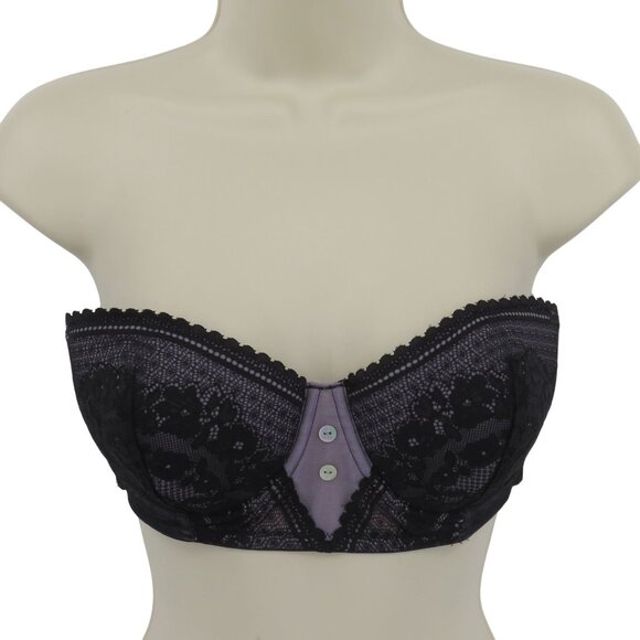 Adore Me 36C Strapless Push Up Bra Purple Black Floral Lace Mesh Buttons Padded - Picture 1 of 15